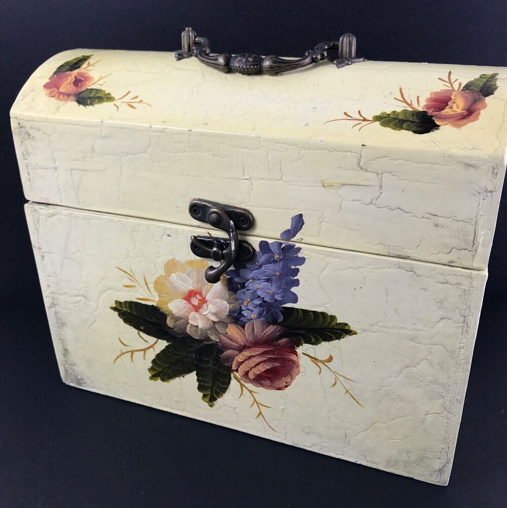 Antique-Like Small Lacquerware Box, Hand-Painted Yellow Flowers, Keepsake Chest
